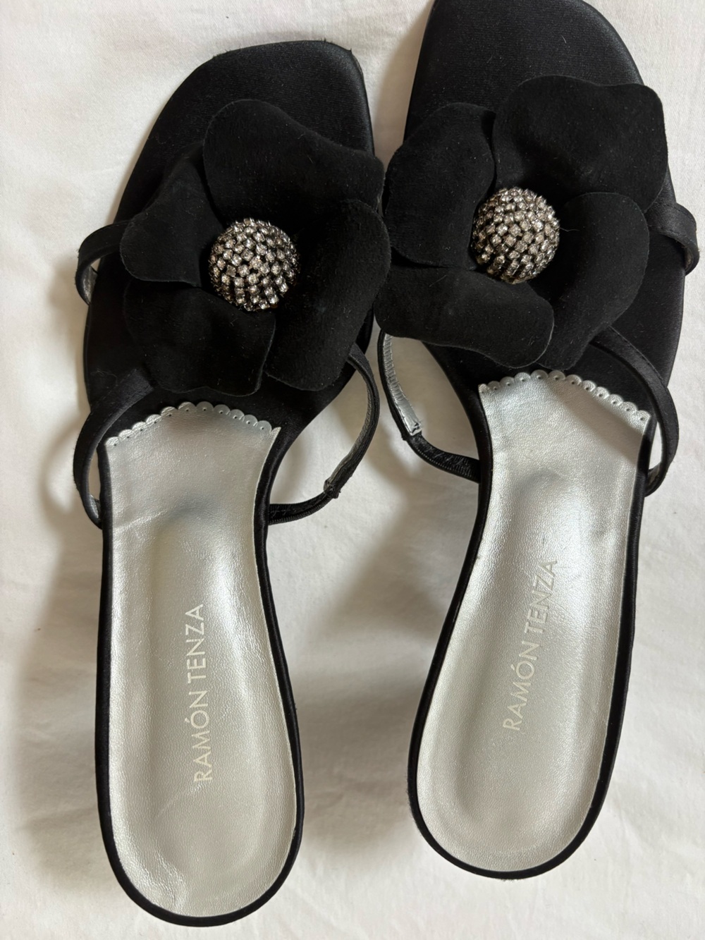 Ramon Tenza Black Suede Flower-Embellished Sandals - 3 inch heel
